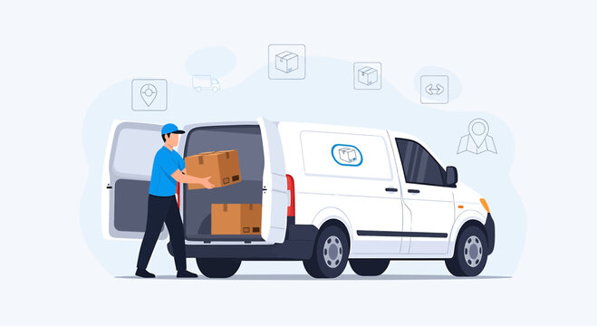 Delivery Person Loading Boxes into White Van, Logistics Service, E-commerce Shipping