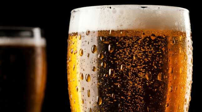 Glass of cold lager beer with condensation droplets and foam head. Refreshing alcoholic drink served in pub. Concept of brewery, celebration, oktoberfest, leisure, party and refreshment.