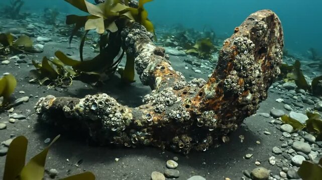 Underwater view of a heavily encrusted anchor resting on the seabed with marine life growing
