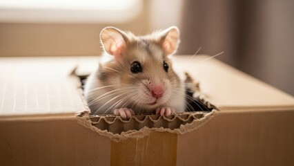 Fototapeta premium A cute fluffy hamster with brown and white fur peeking out from a torn cardboard box, looking directly at the camera.
