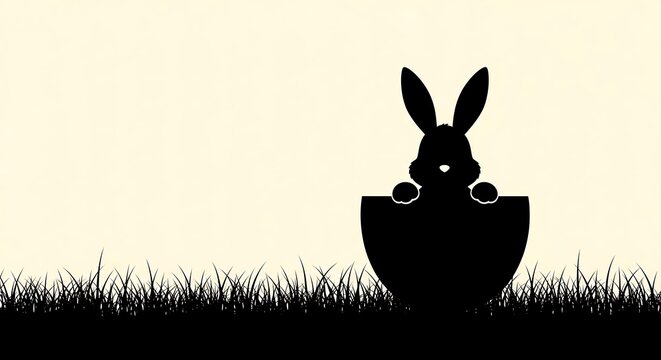 Silhouette of cute easter bunny hiding in the grass
