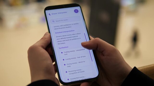 Person browsing a dream interpretation app on smartphone, searching meanings and reading detailed insights about money symbolism. Modern lifestyle, self-reflection and mobile technology concept