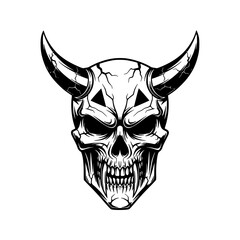 Horned skull demon vector illustration in black and white line art style for tattoo, gothic, and dark fantasy designs