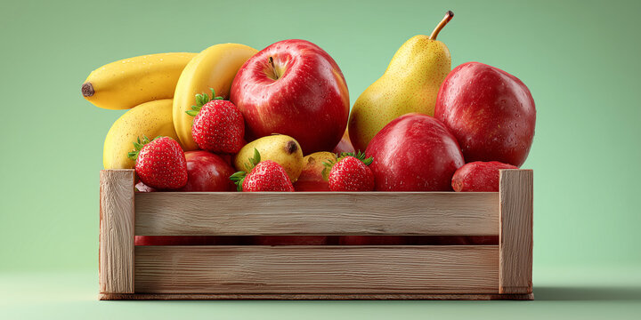Fresh Fruits in Wooden Crate with Apples Bananas and Strawberries on Pastel Background