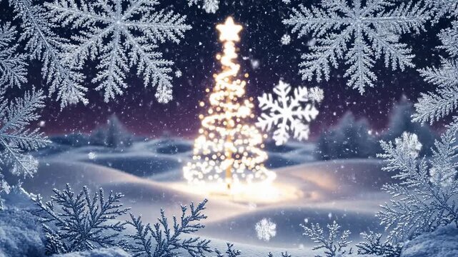 Seamlessly looping abstract winter scene with stylized white snowfall and a brightly glowing conical holiday tree visible through a textured frost pattern graphic loop, tranquil, corporate backdrop