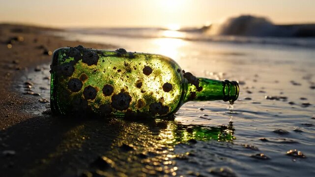 Glass bottle covered in barnacles lies on a sandy beach during a beautiful sunrise reflecting in the wet sand and water