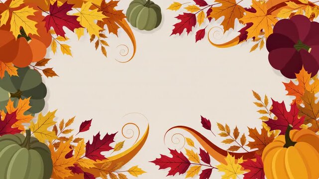 Seamlessly looping animated autumn border featuring stylized abstract pumpkins and flowing colorful fall foliage on a neutral clean background abstract, stylized abstract pumpkins, backdrop