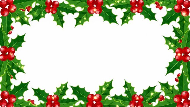Seamlessly looping animated frame of stylized holly leaves and bright red berries against a clean white background suitable for a greeting template holiday, decoration, space