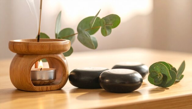 Serene Spa Scene Featuring Aromatherapy Oil Burner Eucalyptus and Smooth Stones for Wellness and Relaxation.