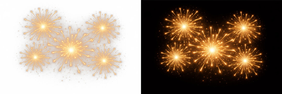 Gold festive fireworks sparkle, glowing light burst with radiant glitter and celebration decoration effect on transparent background
