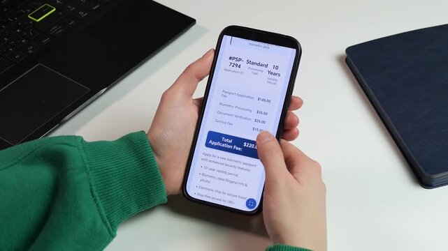 Person applying for a new passport on a smartphone. Seamless UI showing fee payment, loading process, and final confirmation. High-quality footage for travel industry, global mobility, and visa