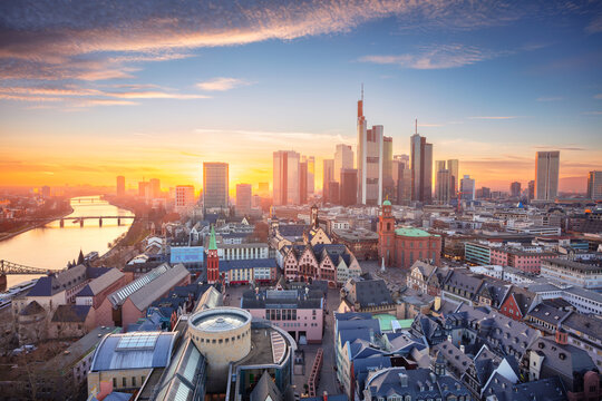 Frankfurt am Main, Germany. Aerial cityscape image of Frankfurt am Main skyline during beautiful sunset.