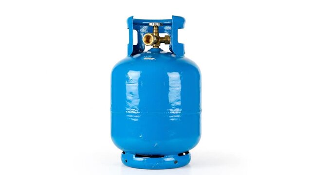 Close up of a blue gas cylinder with brass valve on a white background, propane tank, gas bottle.