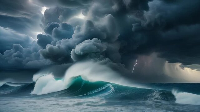 Stormy ocean waves crash under dark, ominous clouds with lightning, during a severe weather storm