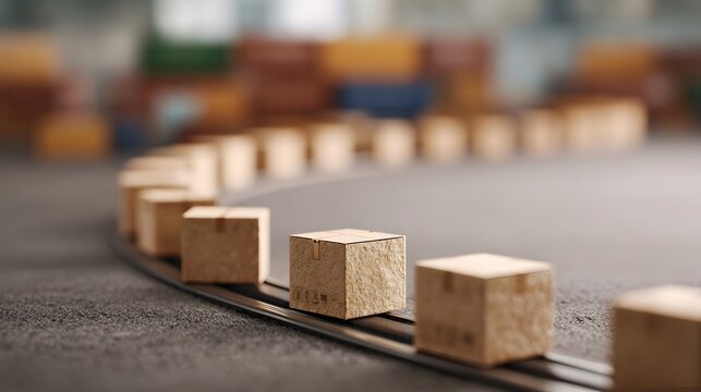 Small cardboard boxes move along a curved industrial track symbolizing logistics and delivery