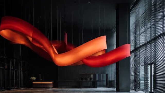 Abstract red ribbon sculpture against dark interior backdrop