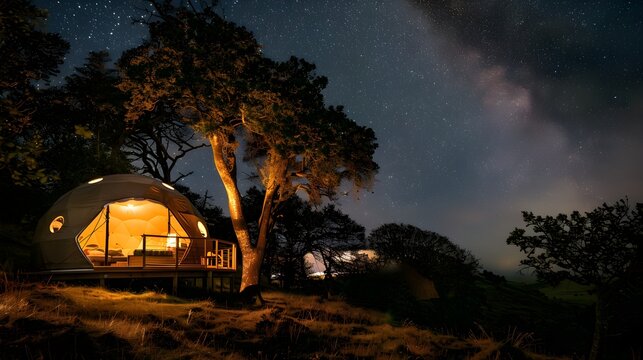 Geodesic dome glamping tent under starry night sky for unique travel experience.