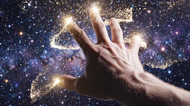 Human hand reaches out toward sparkling cosmic space, with swirling stars and galaxies visible, creating a sense of connection to the universe and its mysteries