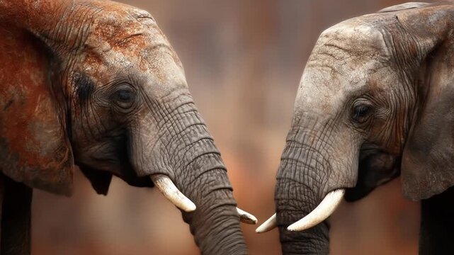 Close up of two elephants with intertwined trunks and textured skin