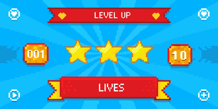 Pixelated gaming level up screen with stars coins and life indicators
