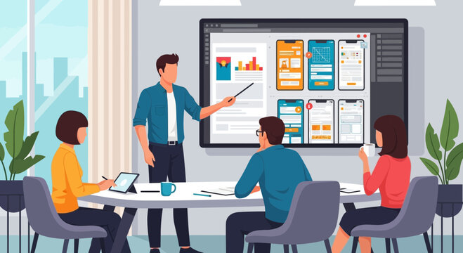 App Development Team Meeting: Collaborative Discussion and Design Presentation in an Office Setting