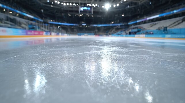 Ice rink perspective with focus on smooth surface illuminated by arena lights during a sports event, showcasing athletic potential and frozen arena atmosphere