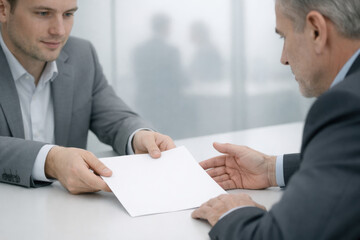 Businessman handing document to colleague during office meeting with suits