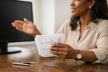 Businesswoman holding charts presenting data analysis in office setting