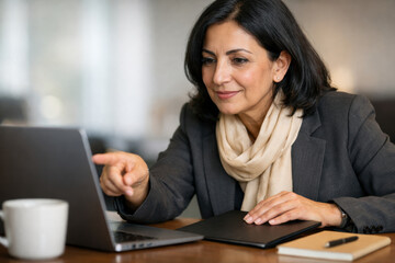 Woman laptop pointing remote work business casual confident expression