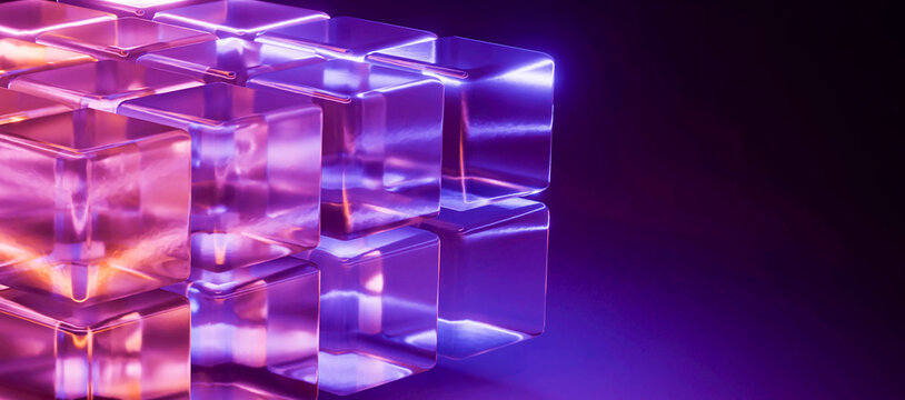 Abstract neon background, glowing glass cubes. 3D rendering.