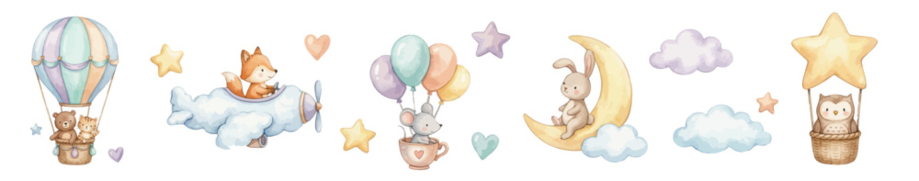 Sweet nursery clipart. Collection of Vector illustrations.  Watercolor baby nursery clipart set with animals in balloon plane, moon, star, cloud ,hearts.  Perfect for invitation, card