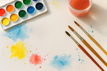 Watercolor palette with paintbrushes and splashes on paper surface