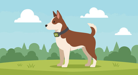Pet Dog with GPS Tracker Collar Outdoors - Cute Husky Mix in Green Field © Leo