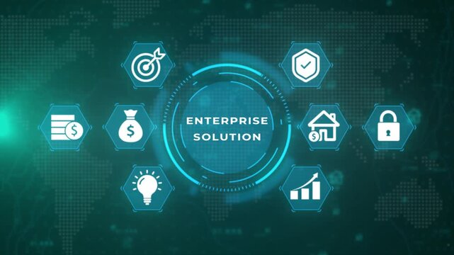Digital infographic with interconnected hexagonal representing business finance goals security home and innovation against a dark teal map background with glowing grid lines and circular HUD