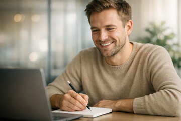 Man writing notebook using laptop at table in casual modern office