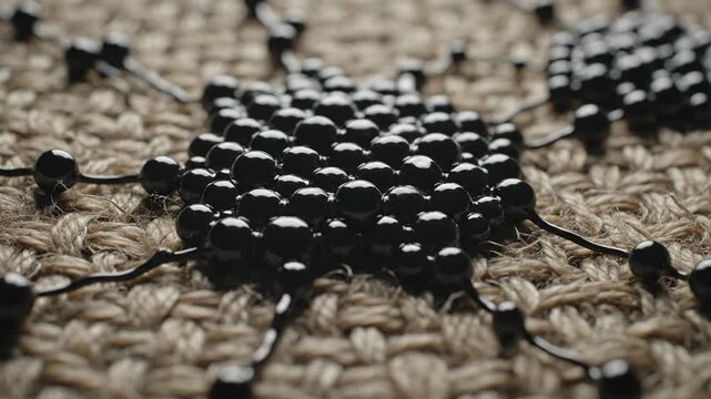 Seamlessly looping animation of black pathogenic microbial spheres crawling and spreading across intricate cloth material in continuous contamination black, textile, microbial