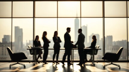 Blurred silhouette of a business team having a meeting in a modern office with a city skyline