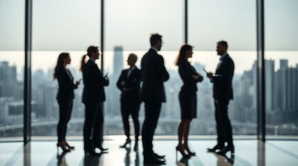 Blurred silhouette of a business team having a meeting in a modern office with a city skyline