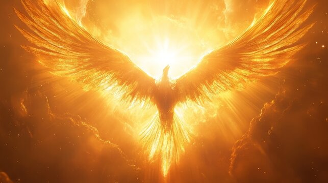 Majestic fiery phoenix rising in a glowing sunlit sky