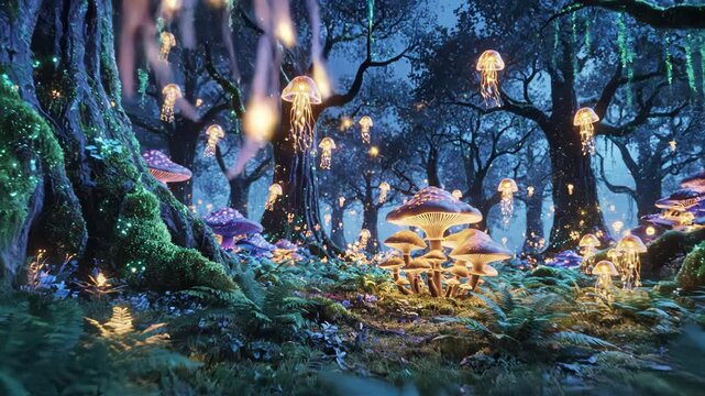 Glowing jellyfish and mushrooms in a magical forest with blue and purple lights