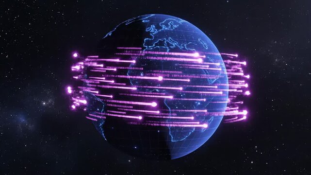 Seamlessly looping animation of luminous purple data streams flowing rapidly across a simplified dark blue planetary sphere representing digital information transfer global, modern, finance