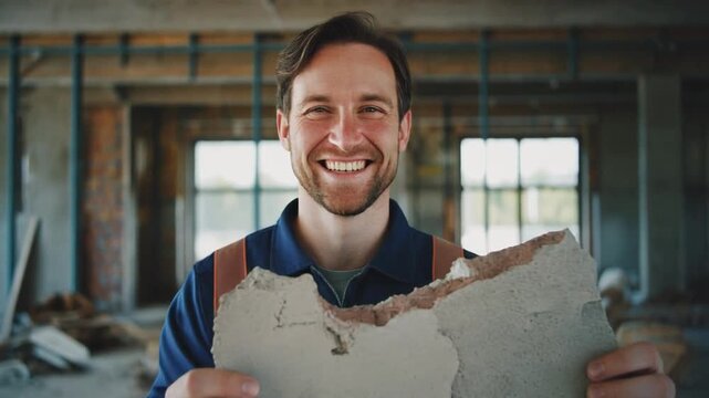 A smiling worker holds broken drywall in a construction site with exposed beams and windows, indicating renovation or demolition