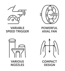 Leaf blower main features icons set in thin line 