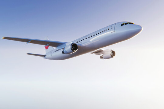 Commercial passenger jet airliner flying high in a clear blue sky during a sunny day. Sleek white airplane soaring through the atmosphere, representing travel, aviation industry, and global tourism.