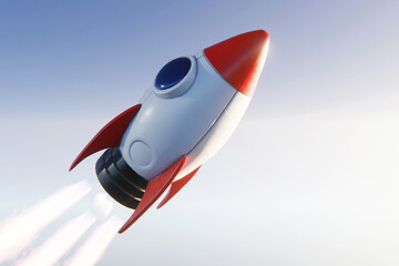 Vibrant 3D cartoon rocket launching into a bright blue sky with exhaust trail. A creative concept...