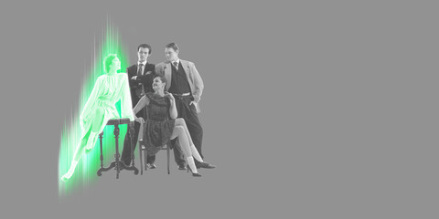 Four vintage people posing together on minimal gray background, one woman glowing green with...