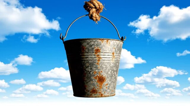 Rusty metal bucket being lifted from well against bright blue sky with fluffy white clouds and a tied rope