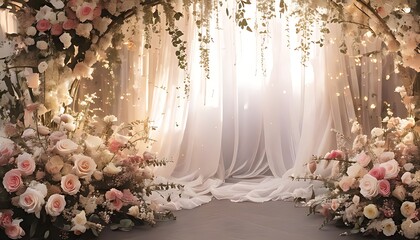 Soft light streams through a floral archway.  Elegant white curtains and abundant roses create a romantic ambiance