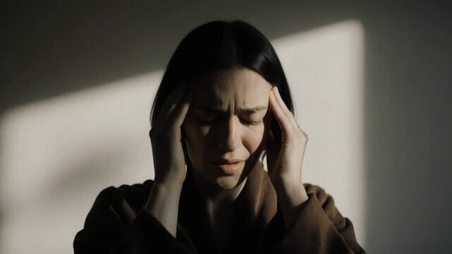 Worried young woman experiencing stress indoors with sunlight