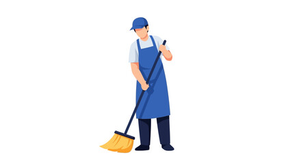 Janitor Sweeping Floor with Broom and Dustpan.